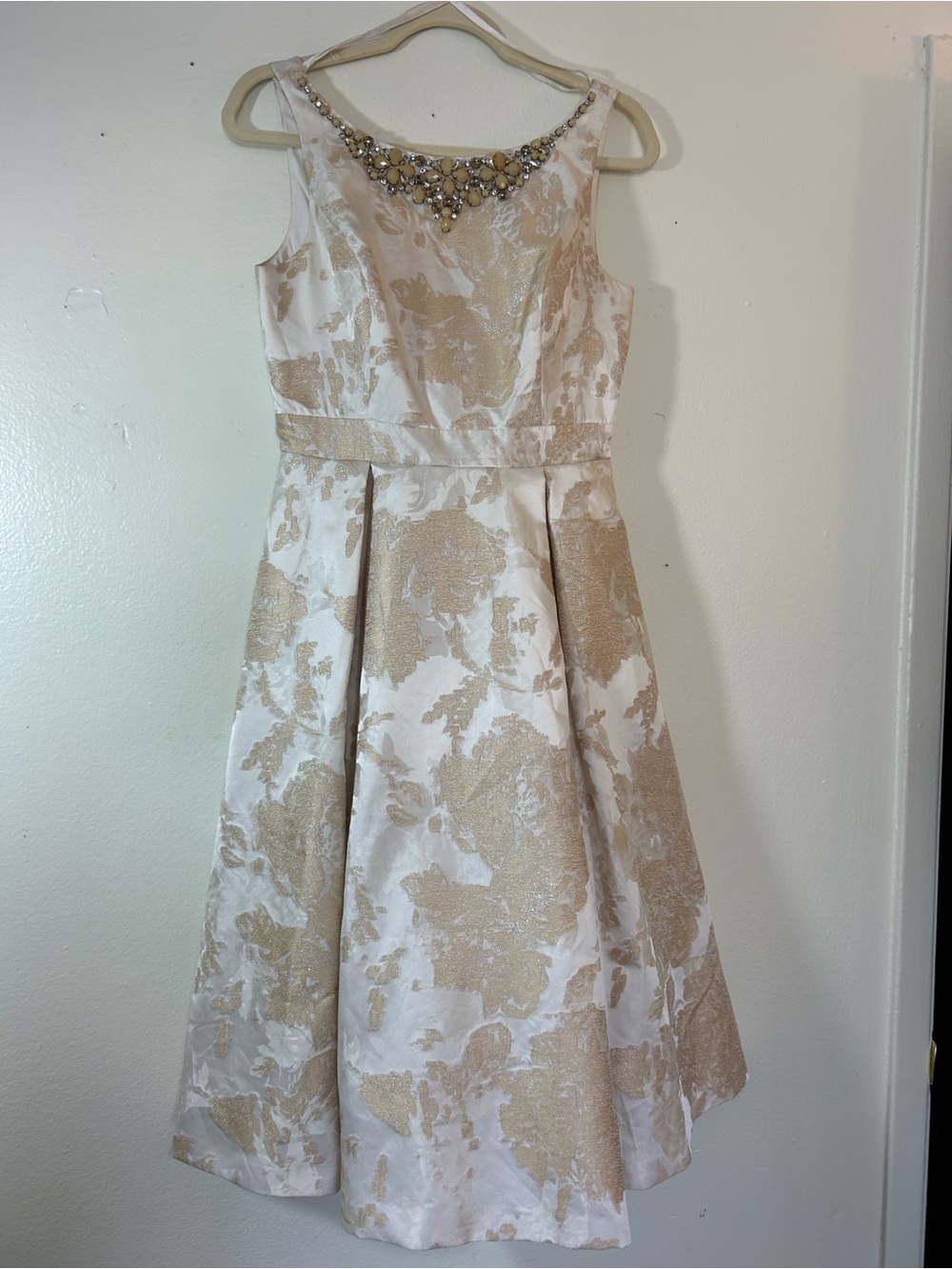 Eliza J Cream and Gold Floral Fit-and-Flare Dress with Jeweled Neckline